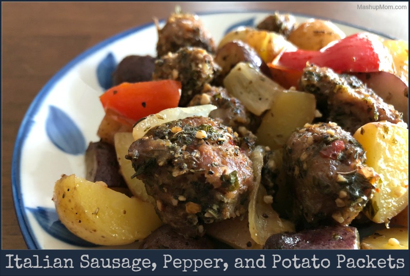 Italian sausage, peppers, and potatoes on a plate