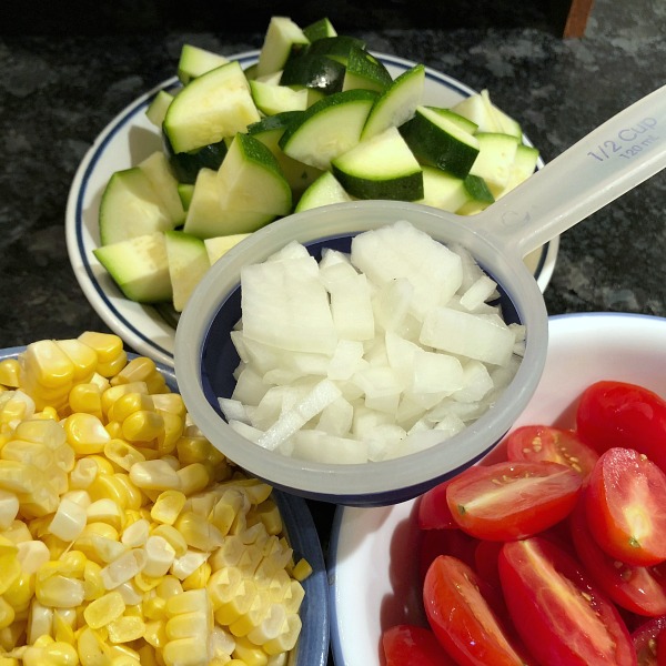 corn, zucchini, tomatoes, onion