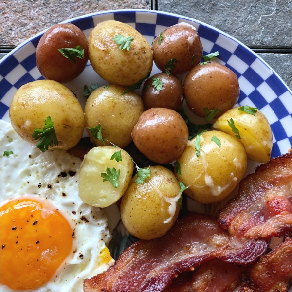 potatoes, bacon, and eggs