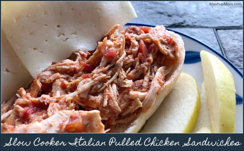 slow cooker Italian pulled chicken sandwich on a plate