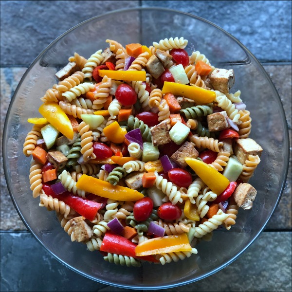 bowl of vegan tofu pasta salad