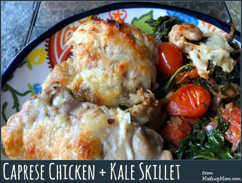 This naturally low carb & gluten free Caprese chicken + kale skillet recipe is the perfect easy one pan dinner solution if you're doing keto. (If you're not keto, a crusty loaf of bread or baguette pairs quite nicely!) | MashupMom.com caprese chicken + kale skillet
