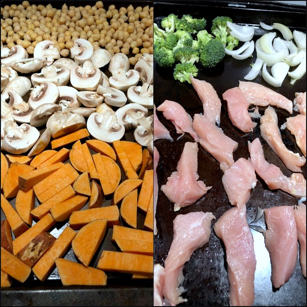 sheet pans of chicken and veggies