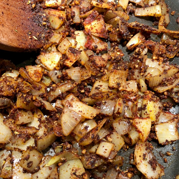 onions, garlic, and spices