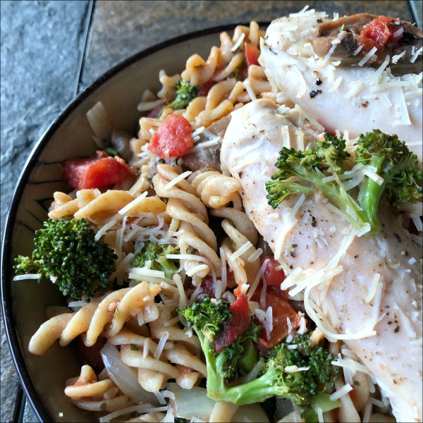 bowl of roasted broccoli pasta