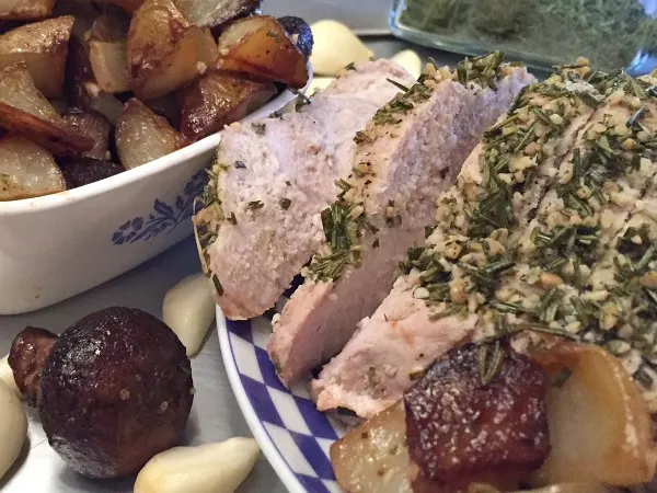 pork roast, potatoes, and mushrooms