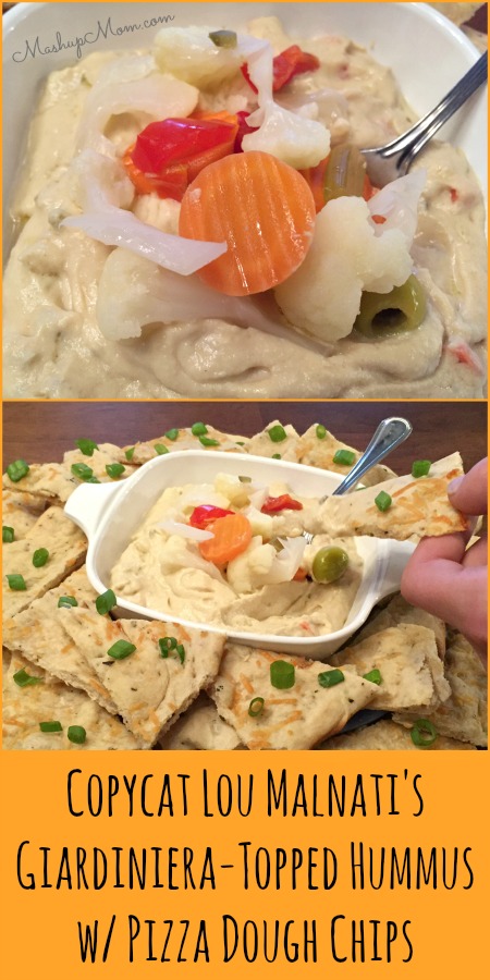 copycat lou malnati’s giardiniera-topped hummus with pizza dough chips