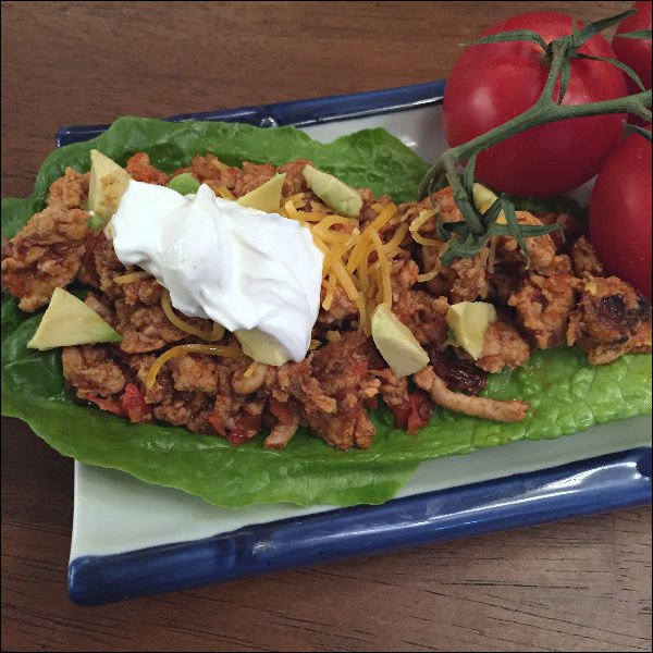 low carb chicken tacos in a lettuce wrap can also be made with ground turkey