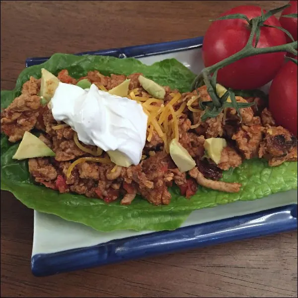 low carb chicken tacos in a lettuce wrap can also be made with ground turkey