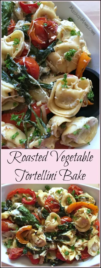 Roasted Vegetable Tortellini Bake -- A cheesy & delicious baked tortellini Meatless Monday Meal! Full of cheese and roasted veggies for a filling & flavorful vegetarian dinner idea.