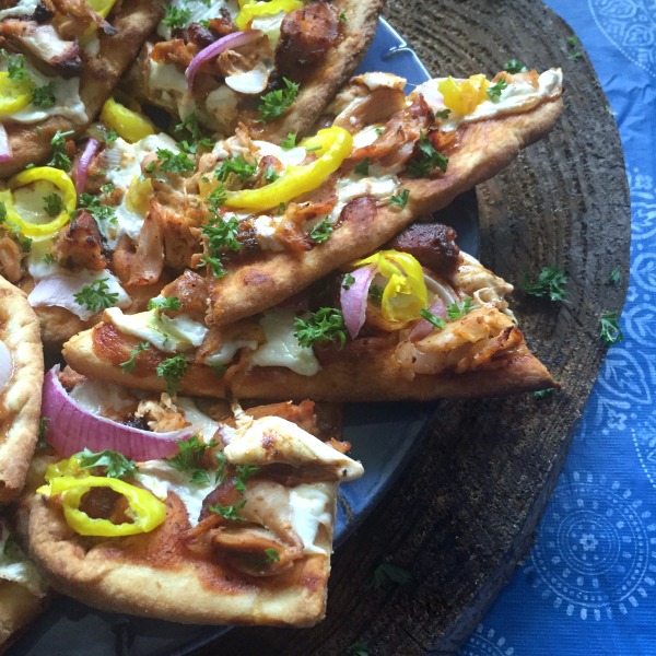 plate of BBQ chicken naan pizza