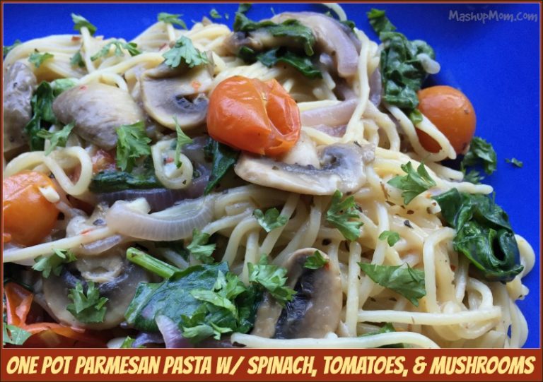 One Pot Parmesan Pasta with Spinach, Tomatoes, and Mushrooms