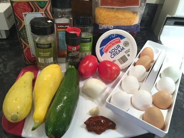 summer squash + tomato frittata ingredients