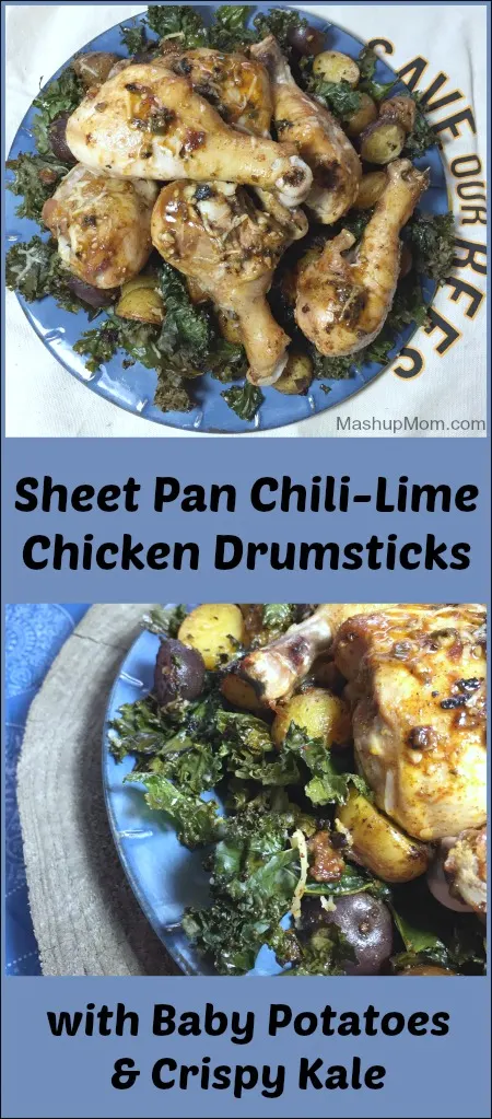 Sheet Pan Chili-Lime Chicken Drumsticks with Baby Potatoes and Crispy Kale -- A flavorful one pan meal! Naturally gluten free.