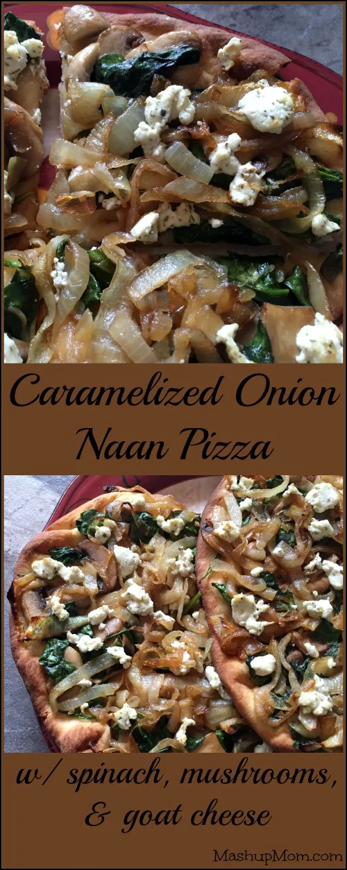  Caramelized Onion Naan Pizza With Spinach, Mushrooms, and Goat Cheese is the perfect flavor-packed vegetarian pizza recipe for your next Meatless Monday!