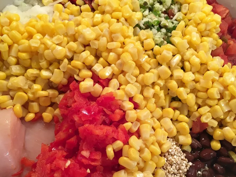 ingredients for quinoa chicken chili in the crockpot