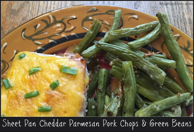 sheet pan cheddar Parmesan pork chops & green beans