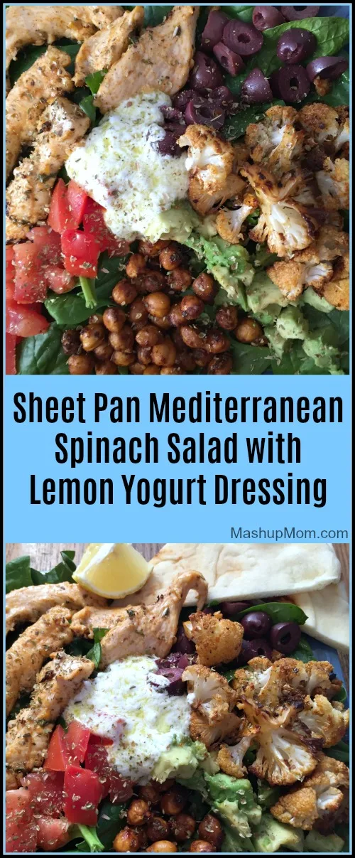 This mouthwatering sheet pan Mediterranean spinach salad with lemon yogurt dressing is naturally gluten free, and chock full of lemon, garlic, and oregano flavor.