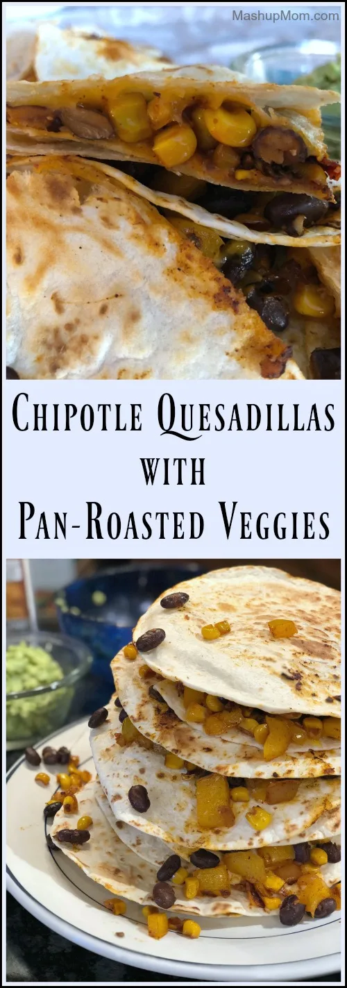 These filling chipotle quesadillas with pan-roasted veggies and black beans make a simple and flavorful vegetarian dinner when paired with a little guac, salsa, and a salad or green vegetable side!