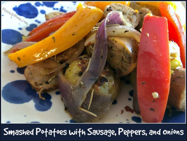 Smashed Potatoes with Sausage, Peppers, and Onions