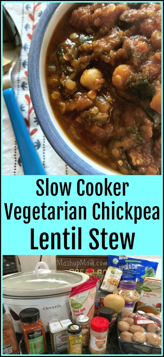 This simple slow cooker vegetarian chickpea lentil stew is a warm and welcoming choice for a chilly winter's night: The perfect vegan comfort food! Serve over pasta, potatoes, rice, or quinoa for a complete meal.