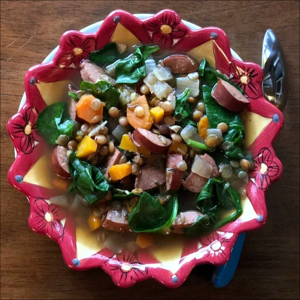 bowl of lentil sausage soup