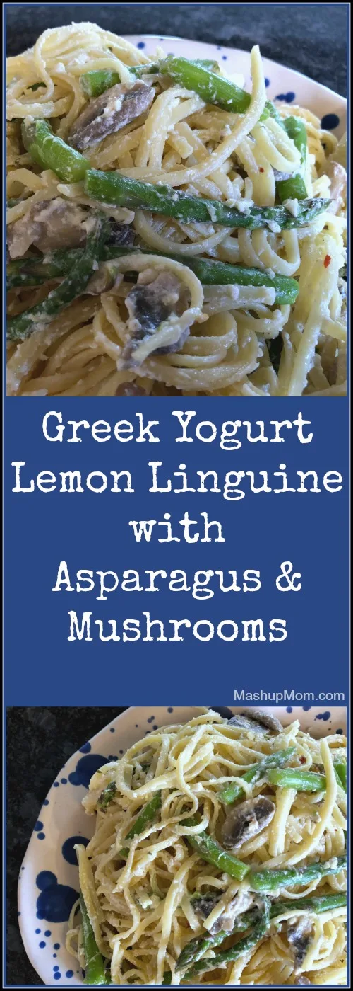 Easy vegetarian Greek Yogurt Lemon Linguine with Asparagus & Mushrooms works well either for pasta night or for Meatless Monday -- and this 30 minute weeknight dinner recipe just feels so spring-y, doesn't it?! 