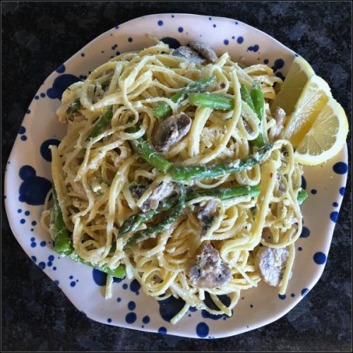 Greek Yogurt Lemon Linguine with Asparagus & Mushrooms