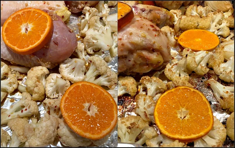 Citrus chicken drumsticks before and after baking