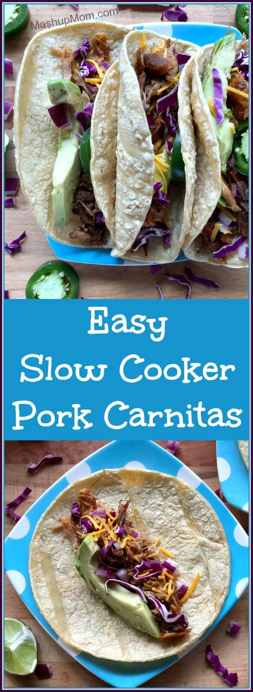 Easy Slow Cooker Pork Carnitas are a great way to make use of one of those big pork roasts that often go on sale. Throw this easy carnitas recipe into your Crock-Pot for up to ten hours before you leave for the day, and it takes just 20 minutes to shred and crisp up when you get home. Naturally gluten free (served on corn tortillas).
