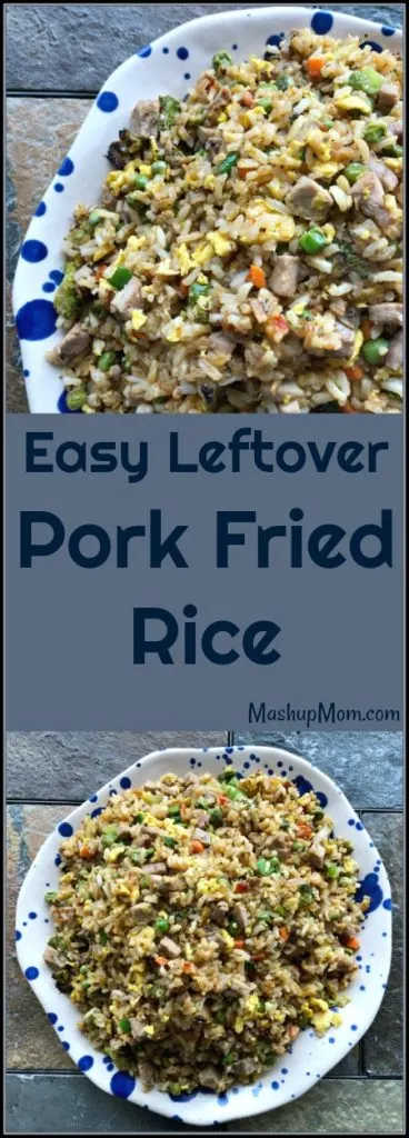This super easy leftover pork fried rice recipe only takes about 20 minutes to throw together, so it's a great weeknight recipe for a busy evening -- and, it's so much cheaper than takeout! 