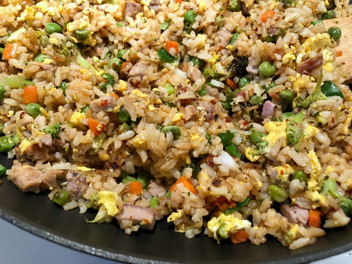 pan of pork fried rice on the stove top