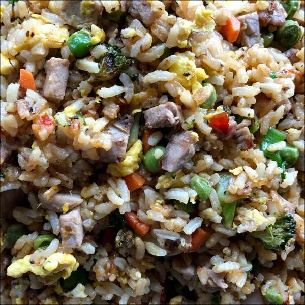 Leftover pork fried rice with egg and veggies