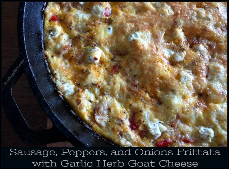 Sausage, Peppers, and Onions Frittata with Garlic Herb Goat Cheese