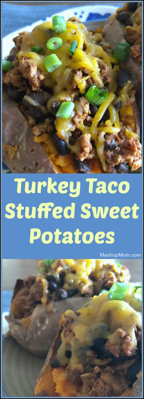 These flavorful turkey taco stuffed sweet potatoes are super easy to make, and naturally gluten free. Give this easy turkey tacos recipe a try on your next Taco Tuesday! Top the turkey taco sweet potatoes with a little shredded cheese + your own favorite taco toppings. 