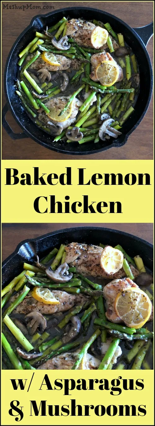 Baked lemon chicken with asparagus & mushrooms is low carb, gluten free, and all delicious.