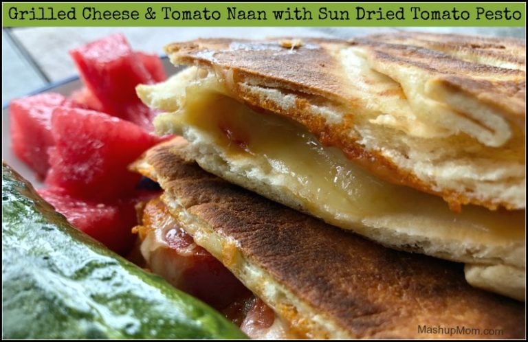 Five Ingredient Grilled Cheese & Tomato Naan with Sun Dried Tomato Pesto