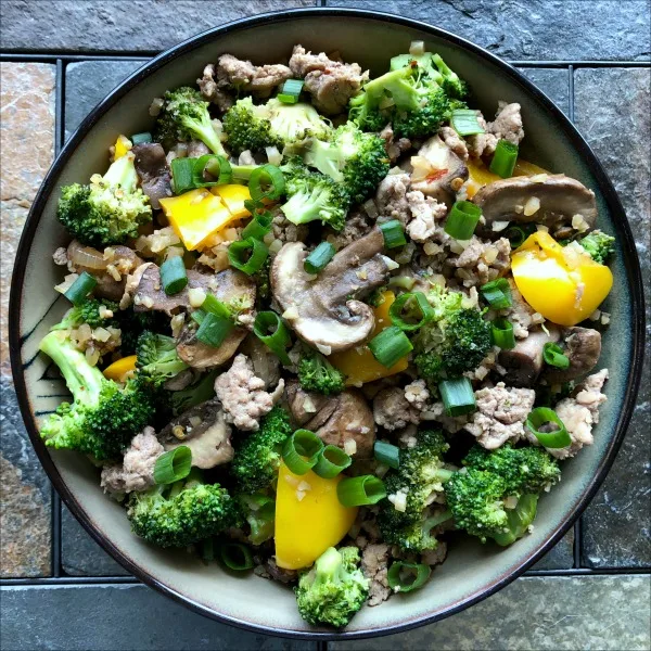 Bowl of ground turkey and veggie stir fry