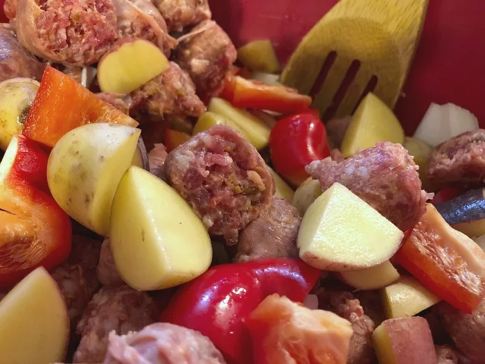 sausage and veggies in a bowl