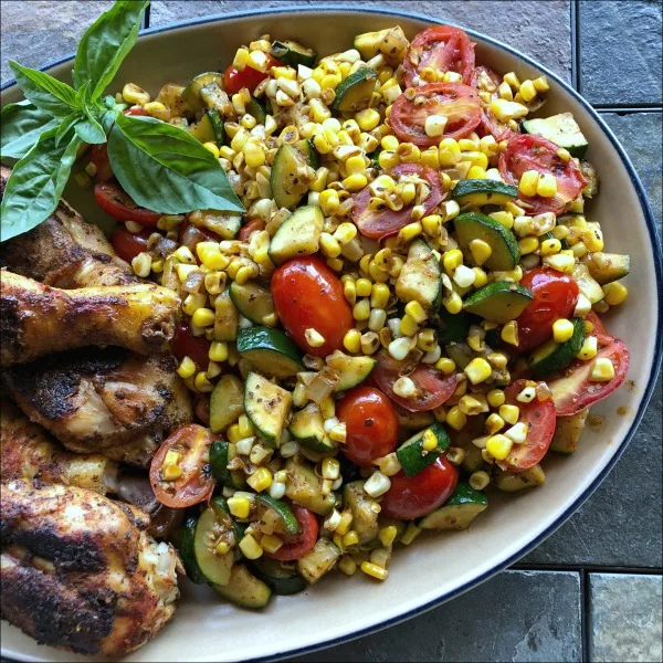 corn, zucchini, tomatoes, and chicken