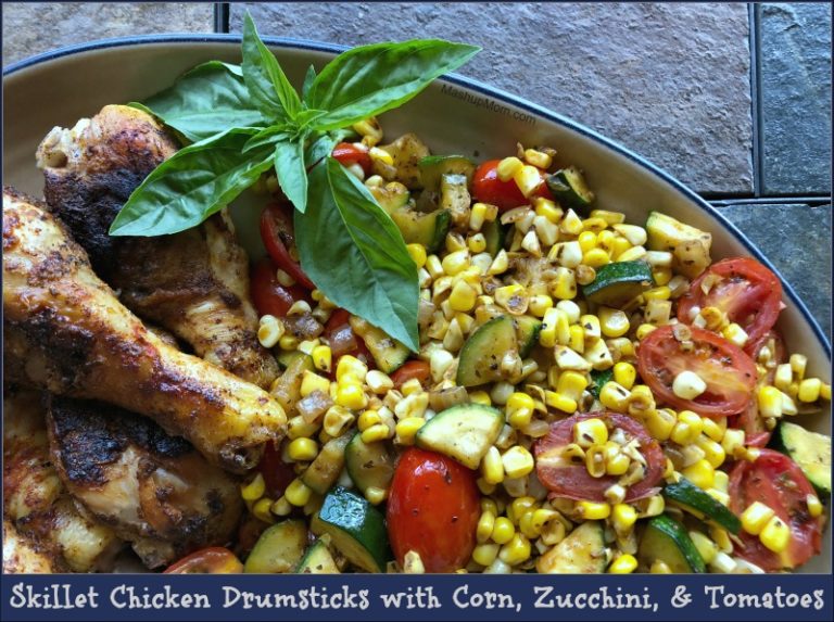 Skillet Chicken Drumsticks with Corn, Zucchini, and Tomatoes