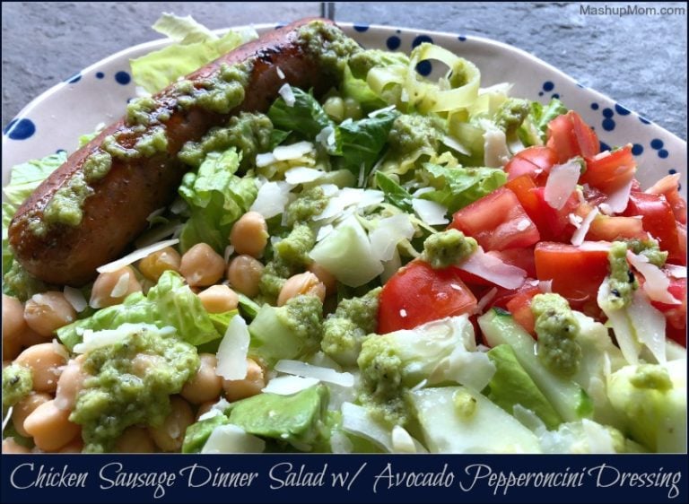 Chicken Sausage Dinner Salad with Avocado Pepperoncini Dressing