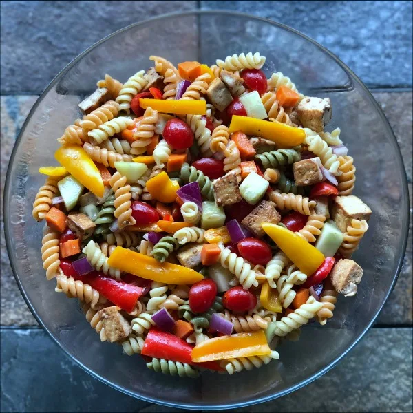 bowl of vegan tofu pasta salad