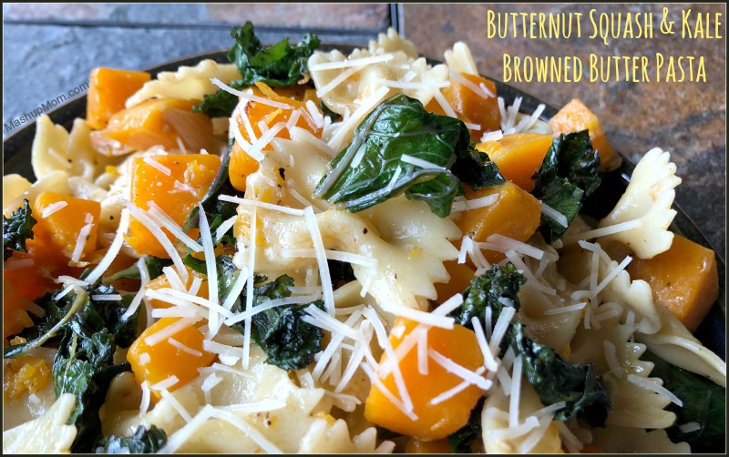 butternut squash and kale browned butter pasta topped with Parmesan cheese