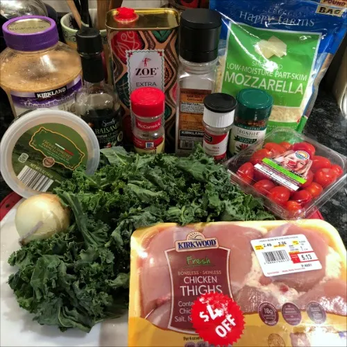This naturally low carb & gluten free Caprese chicken + kale skillet recipe is the perfect easy one pan dinner solution if you're doing keto. (If you're not keto, a crusty loaf of bread or baguette pairs quite nicely!) | MashupMom.com caprese chicken + kale skillet ingredients