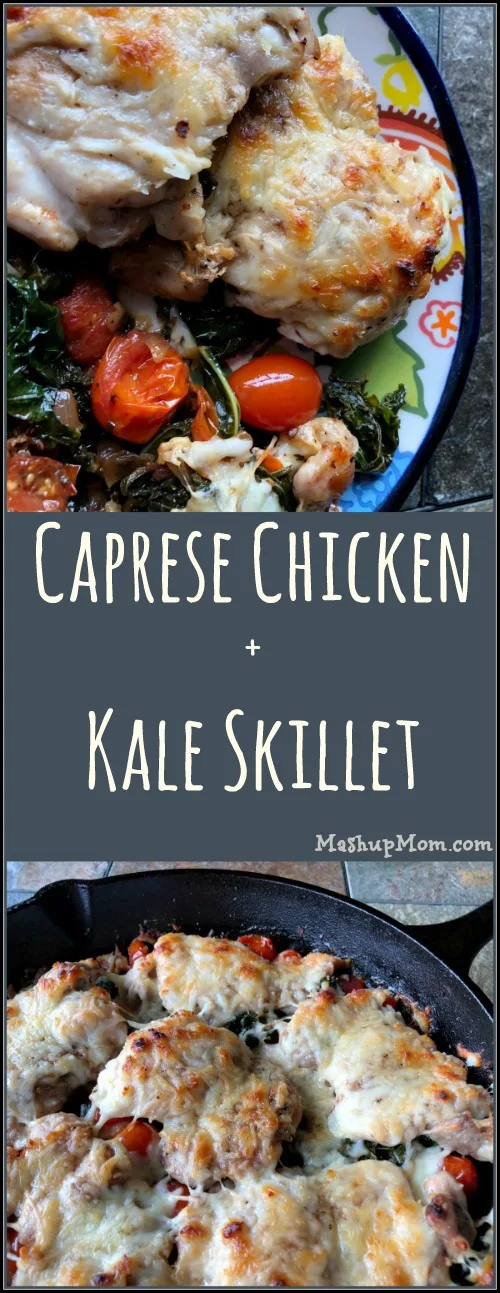 This naturally low carb & gluten free Caprese chicken + kale skillet recipe is the perfect easy one pan dinner solution if you're doing keto. (If you're not keto, a crusty loaf of bread or baguette pairs quite nicely!) | MashupMom.com Caprese chicken + kale skillet recipe