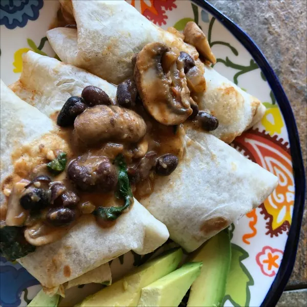 mushroom, black bean, and spinach vegetarian burrito bowls for National Burrito Day