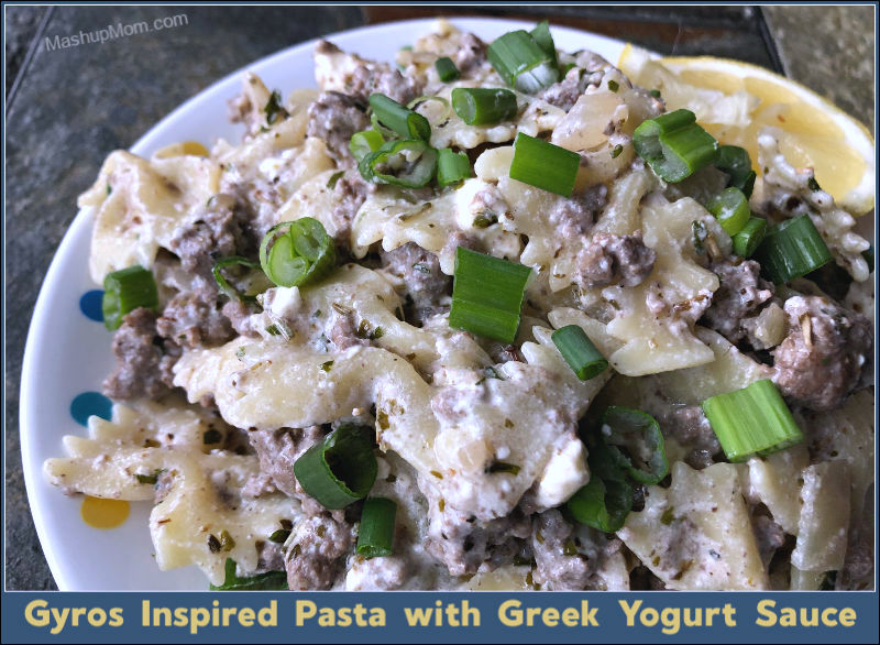 gyros inspired pasta with Greek yogurt sauce