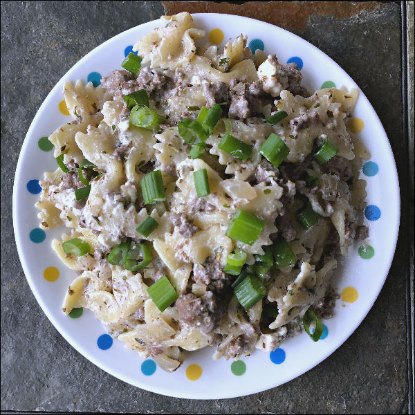 Gyros inspired pasta with Greek yogurt sauce