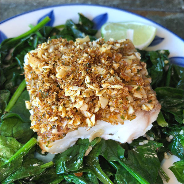 Almond Parmesan crusted low carb cod with garlicky spinach